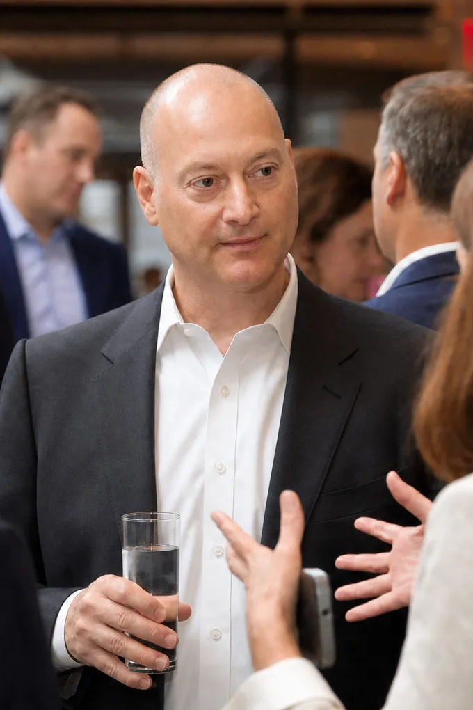 Peter DeCaprio in conversation at a conference reception, holding a glass of water