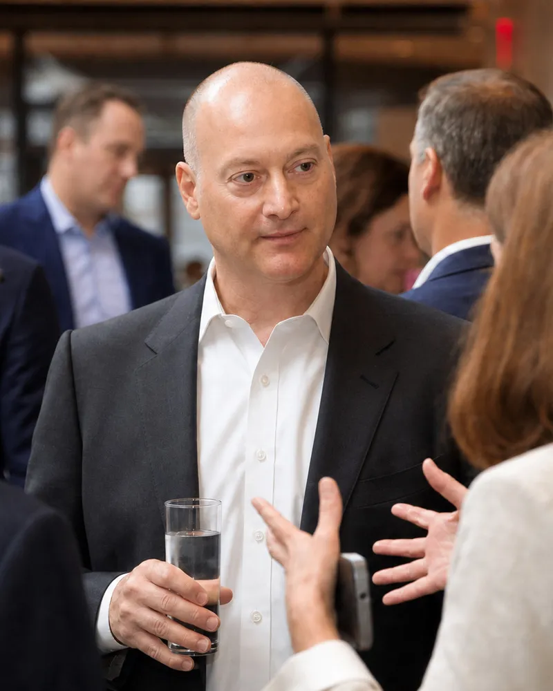 Peter DeCaprio in conversation at a conference reception, holding a glass of water